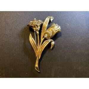 Vintage Coro Gold Tone Tulips Rhinestones On Stems 3in